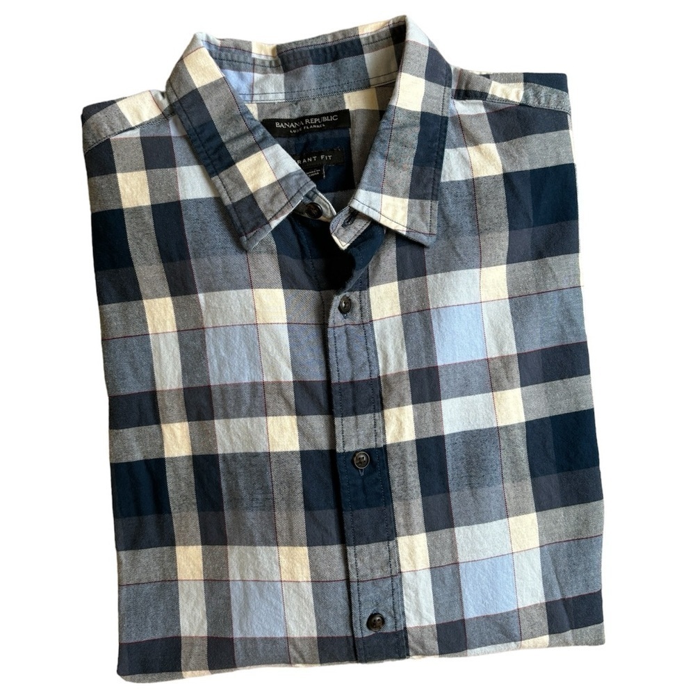 Banana Republic Luxe Flannel Grant Fit Navy/Blue/White w/ Red Stripe Men's XL - Picture 3 of 10